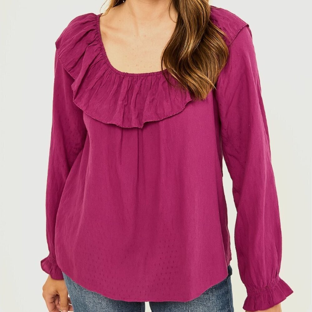 Knox Rose Women's Purple Long Sleeve Ruffled Bib Collar Blouse Top size medium